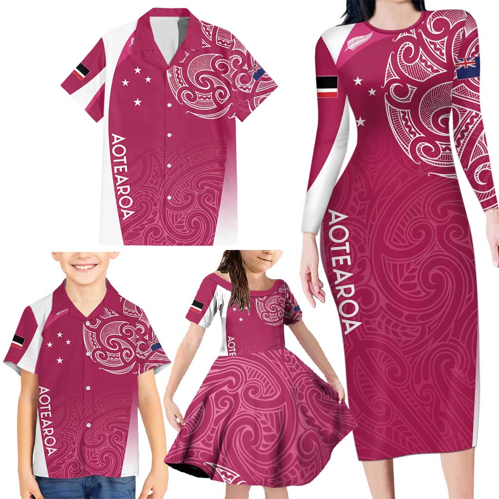 Personalised New Zealand Rugby Family Matching Long Sleeve Bodycon Dress and Hawaiian Shirt Aotearoa Champions - Pink Version