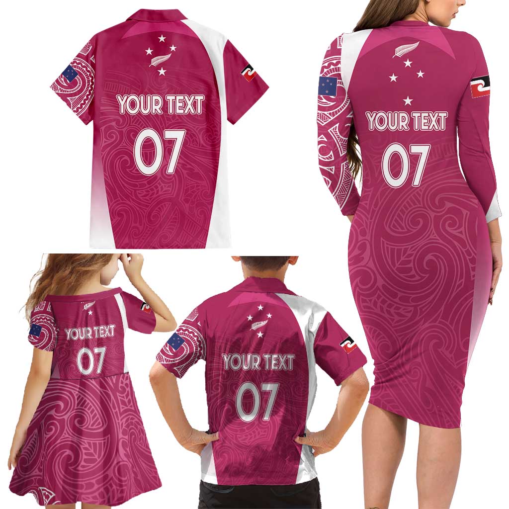 Personalised New Zealand Rugby Family Matching Long Sleeve Bodycon Dress and Hawaiian Shirt Aotearoa Champions - Pink Version