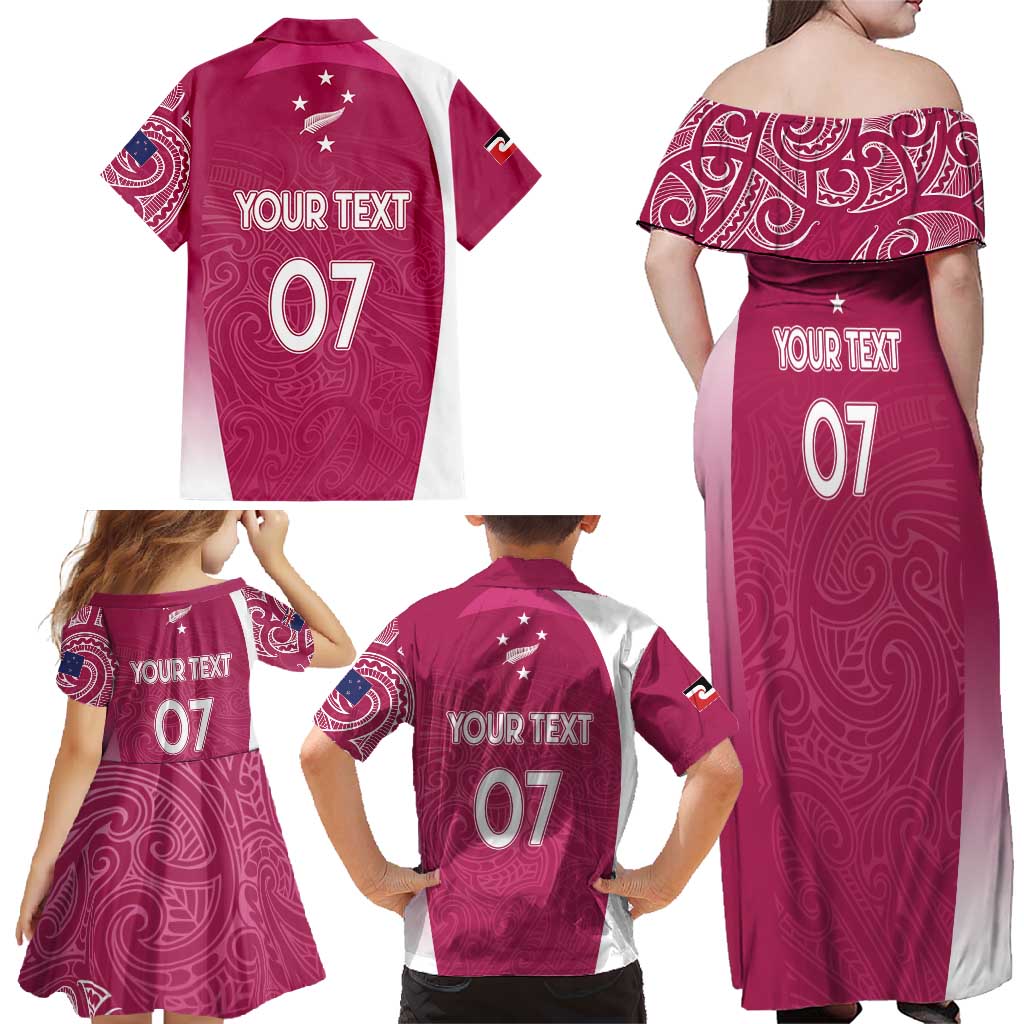 Personalised New Zealand Rugby Family Matching Off Shoulder Maxi Dress and Hawaiian Shirt Aotearoa Champions - Pink Version