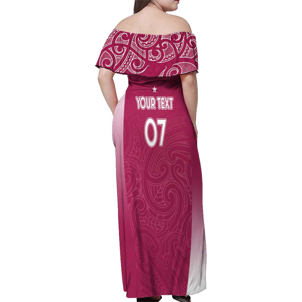 Personalised New Zealand Rugby Family Matching Off Shoulder Maxi Dress and Hawaiian Shirt Aotearoa Champions - Pink Version