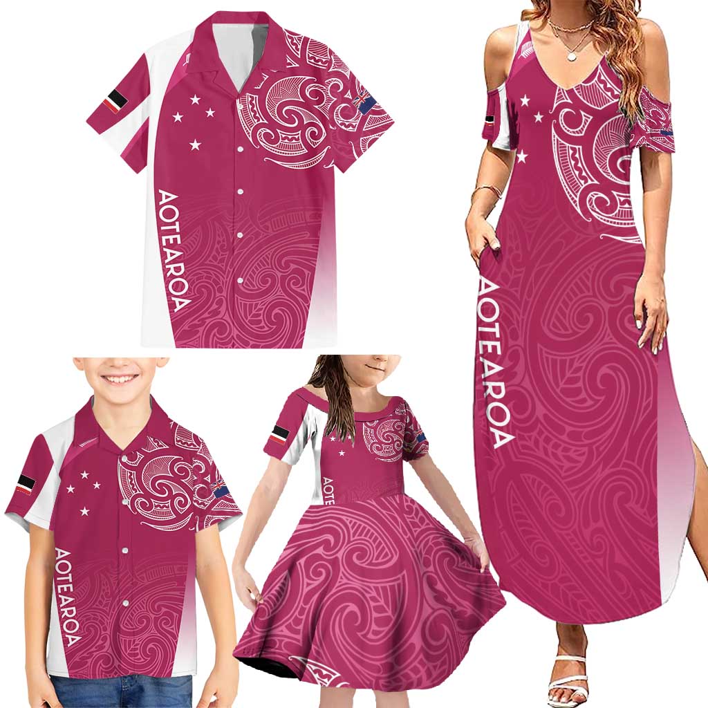 Personalised New Zealand Rugby Family Matching Summer Maxi Dress and Hawaiian Shirt Aotearoa Champions - Pink Version