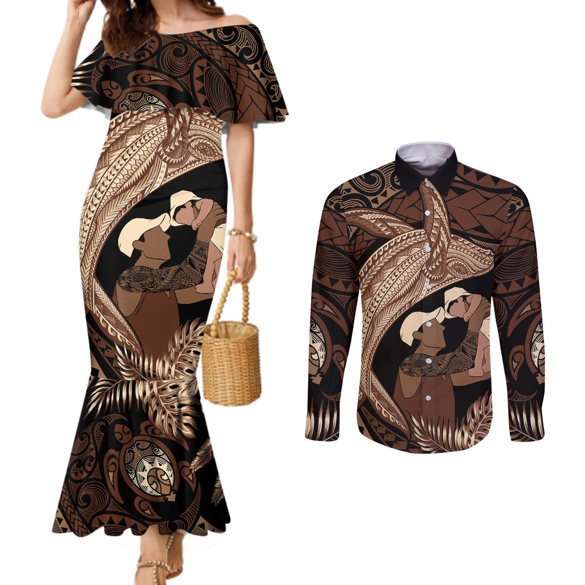 Father's Day Polynesian Pattern Couples Matching Mermaid Dress and Long Sleeve Button Shirt Tropical Humpback Whale