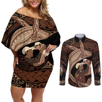 Father's Day Polynesian Pattern Couples Matching Off Shoulder Short Dress and Long Sleeve Button Shirt Tropical Humpback Whale
