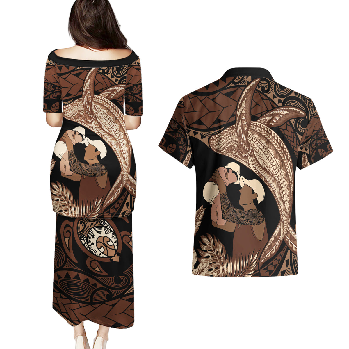 Father's Day Polynesian Pattern Couples Matching Puletasi and Hawaiian Shirt Tropical Humpback Whale