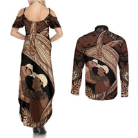 Father's Day Polynesian Pattern Couples Matching Summer Maxi Dress and Long Sleeve Button Shirt Tropical Humpback Whale