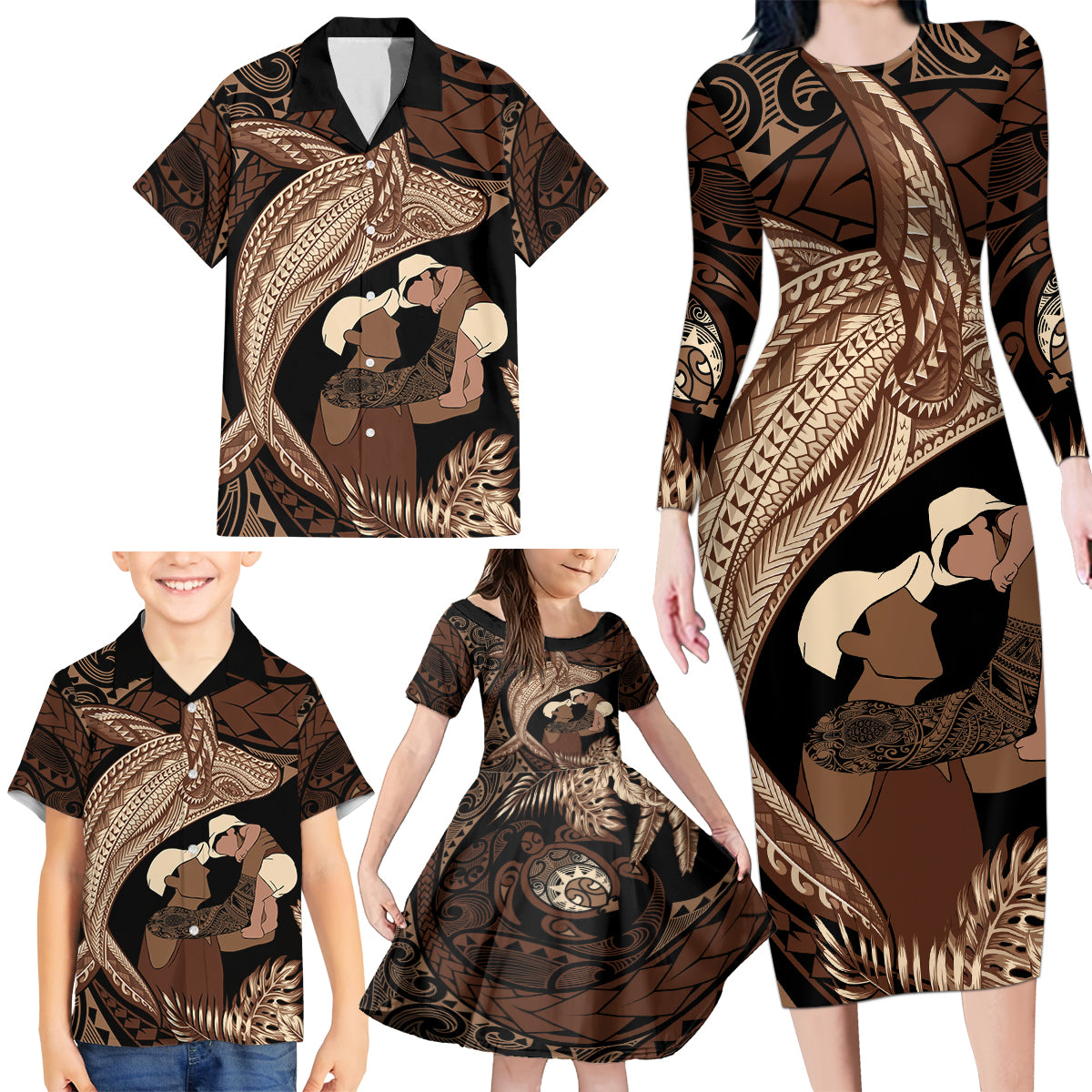 Father's Day Polynesian Pattern Family Matching Long Sleeve Bodycon Dress and Hawaiian Shirt Tropical Humpback Whale LT7 - Polynesian Pride