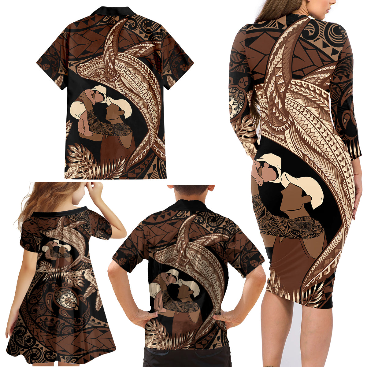 Father's Day Polynesian Pattern Family Matching Long Sleeve Bodycon Dress and Hawaiian Shirt Tropical Humpback Whale LT7 - Polynesian Pride