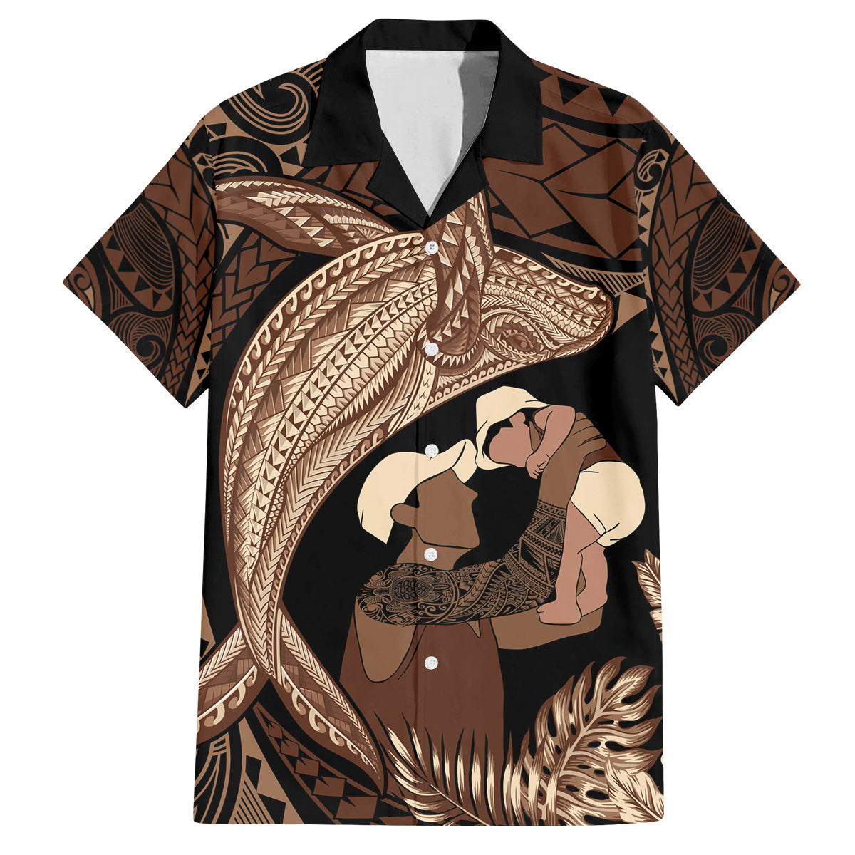 Father's Day Polynesian Pattern Family Matching Long Sleeve Bodycon Dress and Hawaiian Shirt Tropical Humpback Whale LT7 Dad's Shirt - Short Sleeve Brown - Polynesian Pride