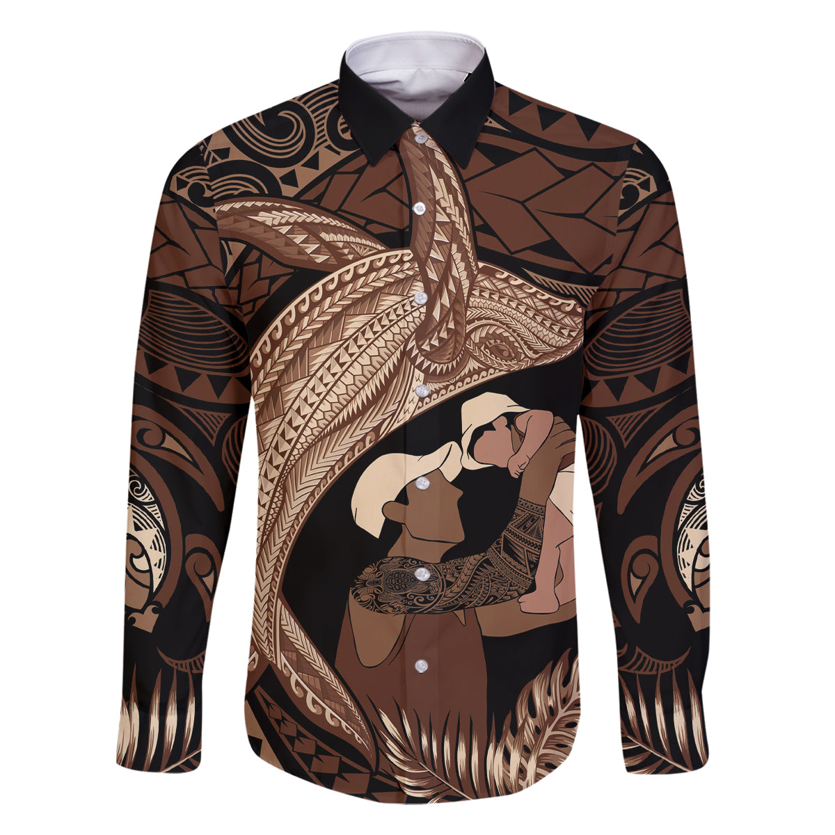 Father's Day Polynesian Pattern Family Matching Long Sleeve Bodycon Dress and Hawaiian Shirt Tropical Humpback Whale LT7 Dad's Shirt - Long Sleeve Brown - Polynesian Pride