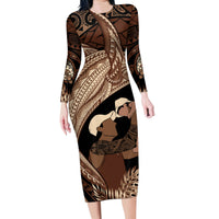 Father's Day Polynesian Pattern Family Matching Long Sleeve Bodycon Dress and Hawaiian Shirt Tropical Humpback Whale LT7 Mom's Dress Brown - Polynesian Pride