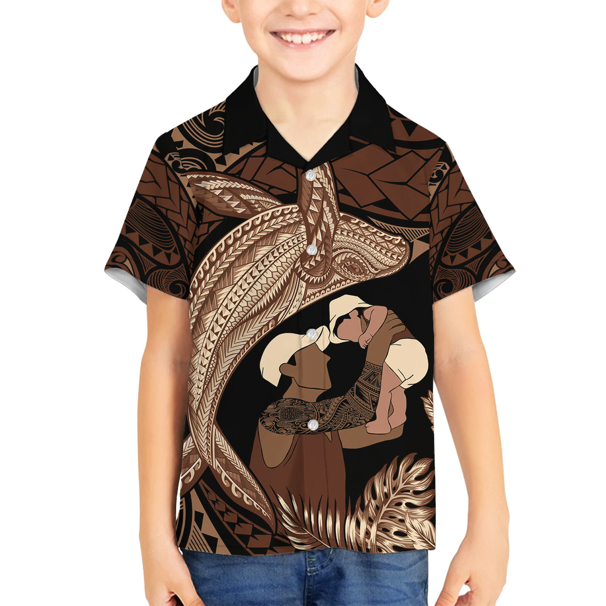 Father's Day Polynesian Pattern Family Matching Long Sleeve Bodycon Dress and Hawaiian Shirt Tropical Humpback Whale LT7 Son's Shirt Brown - Polynesian Pride