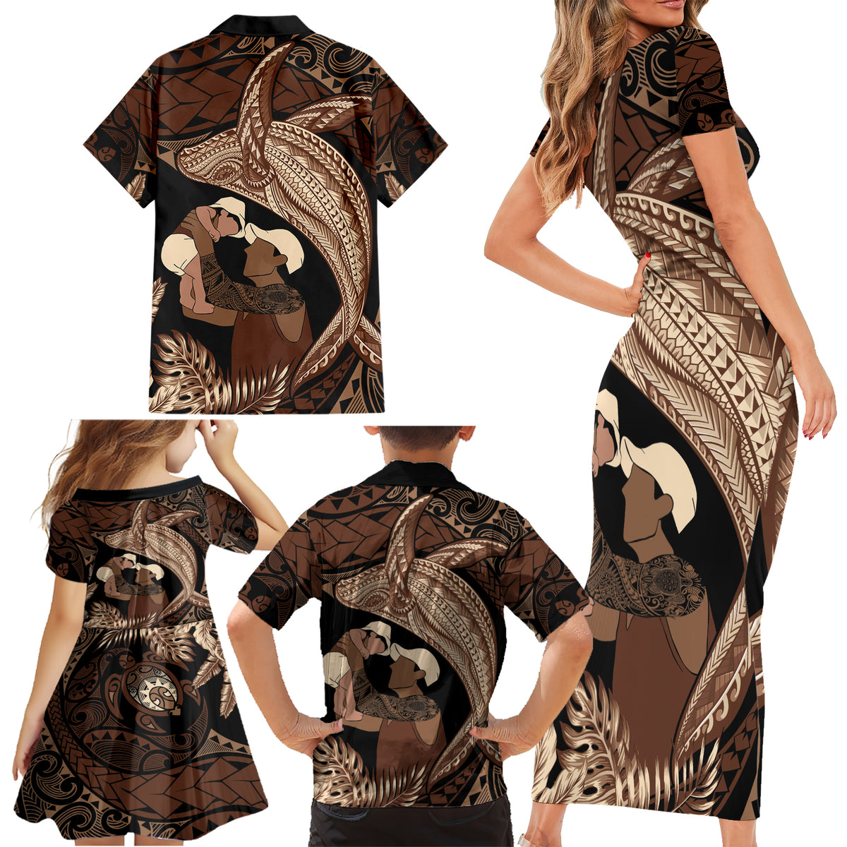 Father's Day Polynesian Pattern Family Matching Short Sleeve Bodycon Dress and Hawaiian Shirt Tropical Humpback Whale