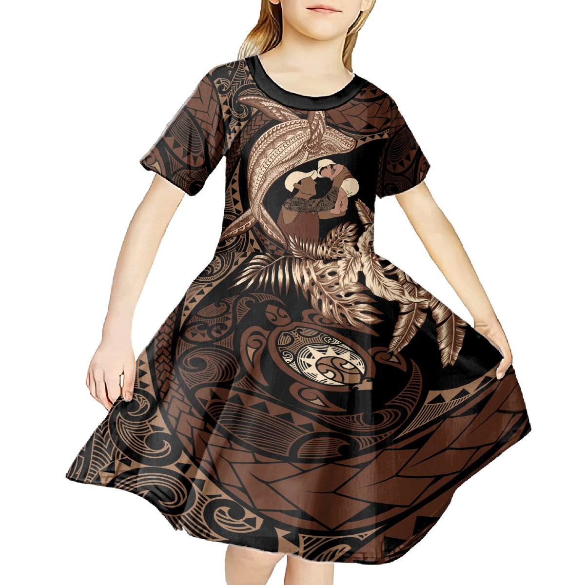 Father's Day Polynesian Pattern Kid Short Sleeve Dress Tropical Humpback Whale