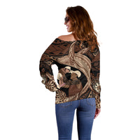 Father's Day Polynesian Pattern Off Shoulder Sweater Tropical Humpback Whale