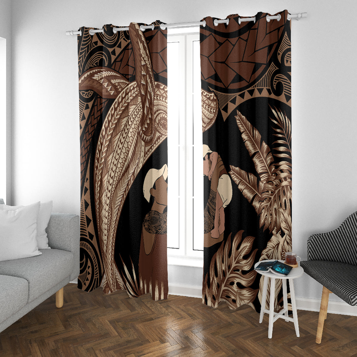 Father's Day Polynesian Pattern Window Curtain Tropical Humpback Whale