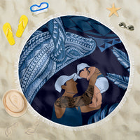 Father's Day Polynesian Pattern Beach Blanket Tropical Humpback Whale - Navy