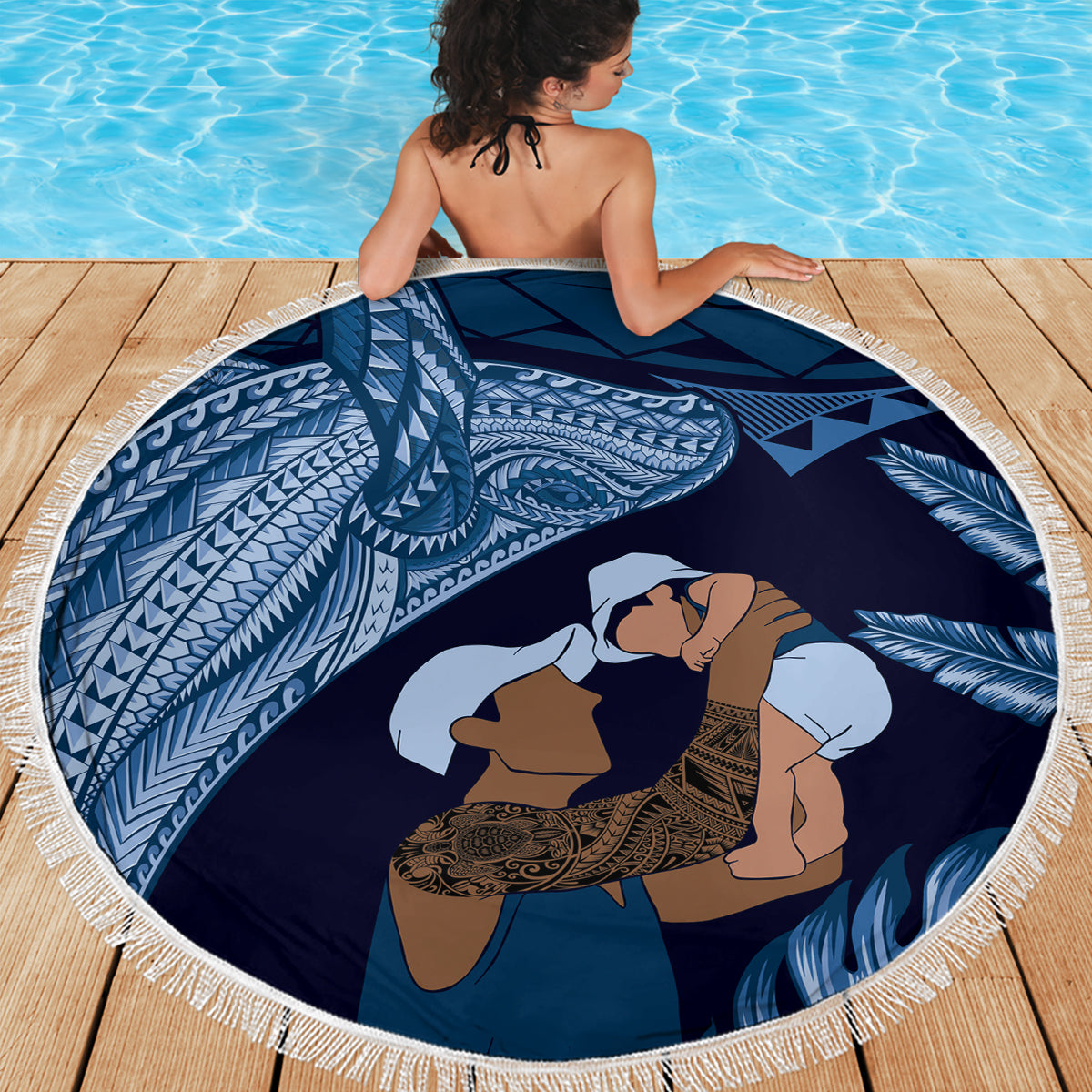 Father's Day Polynesian Pattern Beach Blanket Tropical Humpback Whale - Navy