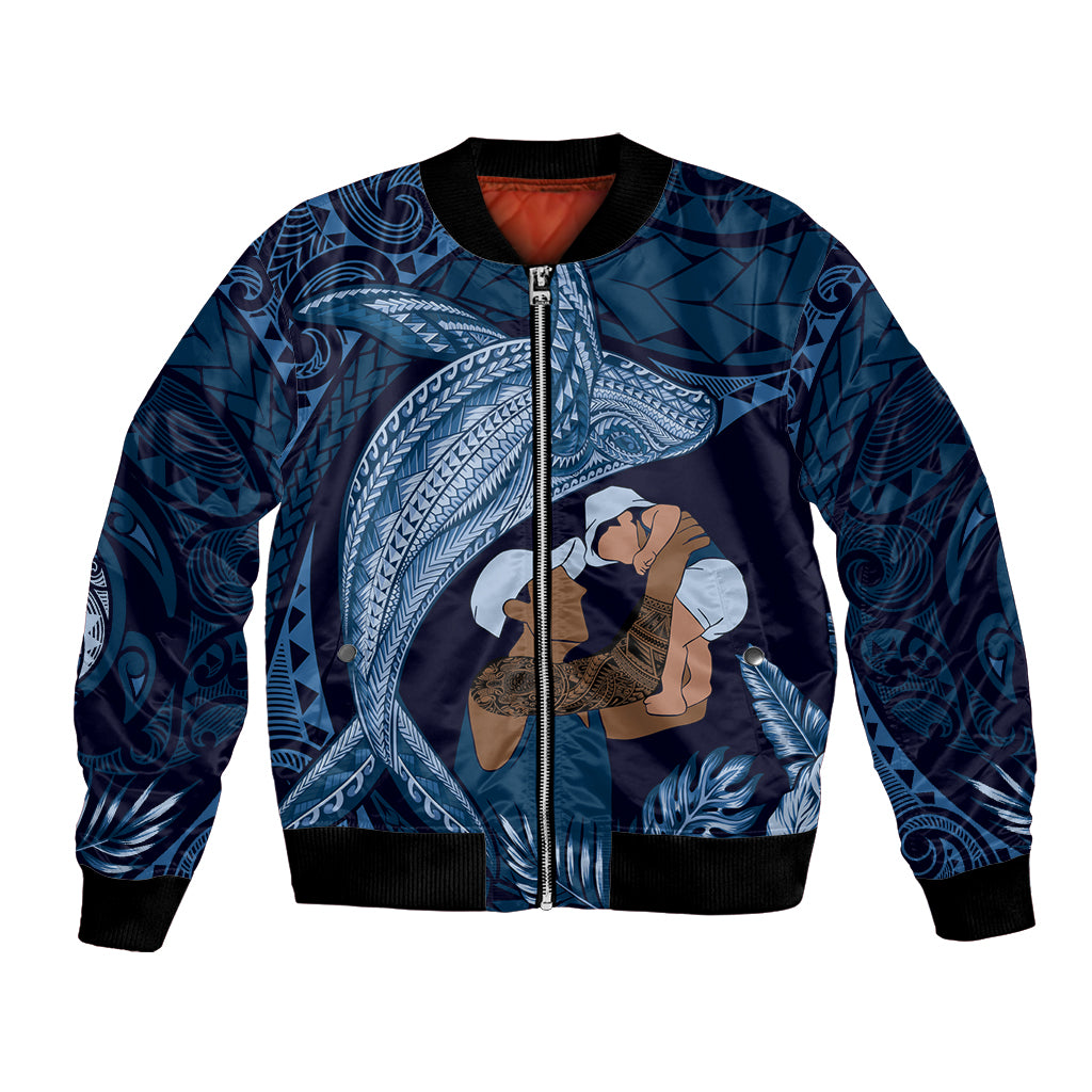 Father's Day Polynesian Pattern Bomber Jacket Tropical Humpback Whale - Navy