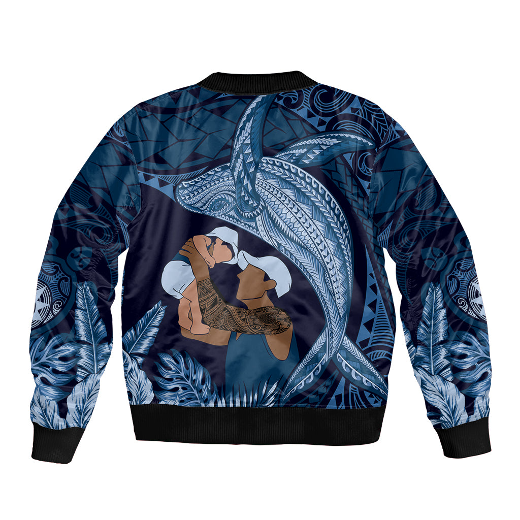 Father's Day Polynesian Pattern Bomber Jacket Tropical Humpback Whale - Navy