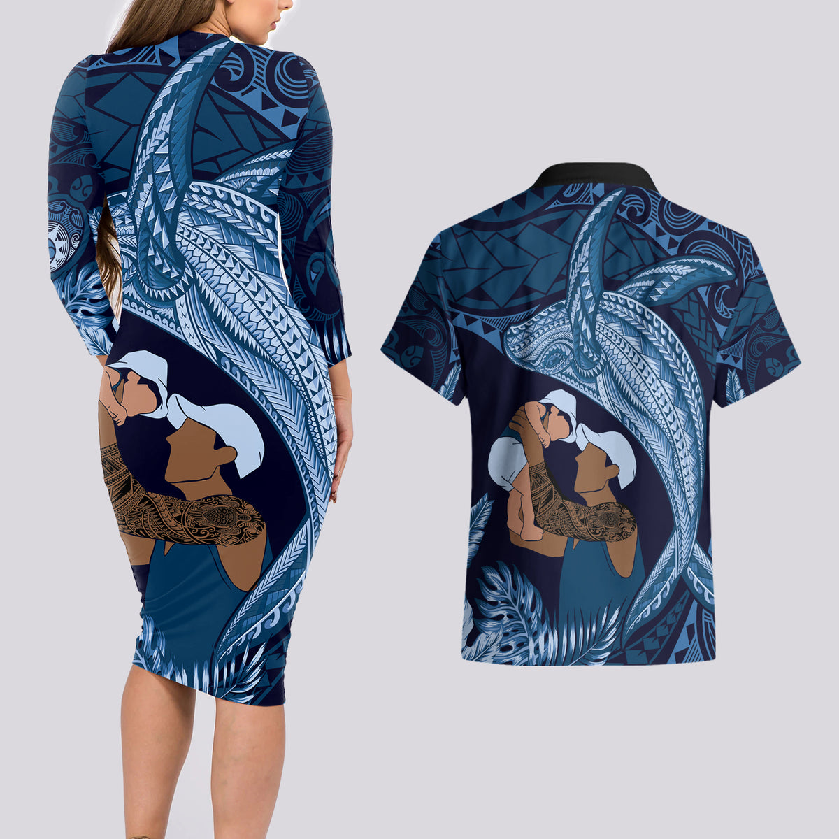 Father's Day Polynesian Pattern Couples Matching Long Sleeve Bodycon Dress and Hawaiian Shirt Tropical Humpback Whale - Navy