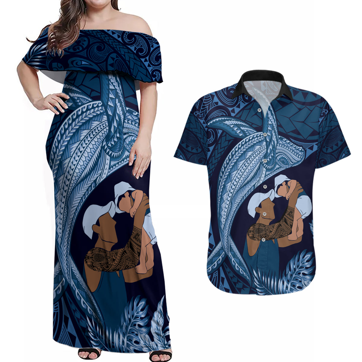 Father's Day Polynesian Pattern Couples Matching Off Shoulder Maxi Dress and Hawaiian Shirt Tropical Humpback Whale - Navy