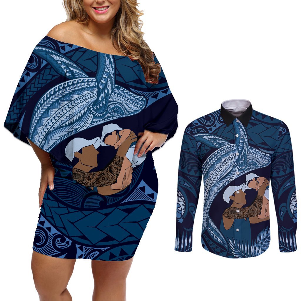Father's Day Polynesian Pattern Couples Matching Off Shoulder Short Dress and Long Sleeve Button Shirt Tropical Humpback Whale - Navy LT7 Navy Blue - Polynesian Pride