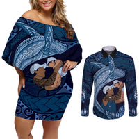 Father's Day Polynesian Pattern Couples Matching Off Shoulder Short Dress and Long Sleeve Button Shirt Tropical Humpback Whale - Navy LT7 Navy Blue - Polynesian Pride