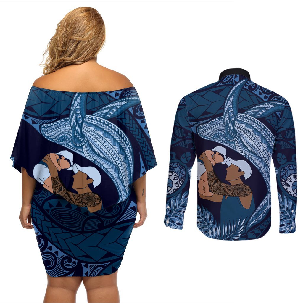 Father's Day Polynesian Pattern Couples Matching Off Shoulder Short Dress and Long Sleeve Button Shirt Tropical Humpback Whale - Navy LT7 - Polynesian Pride