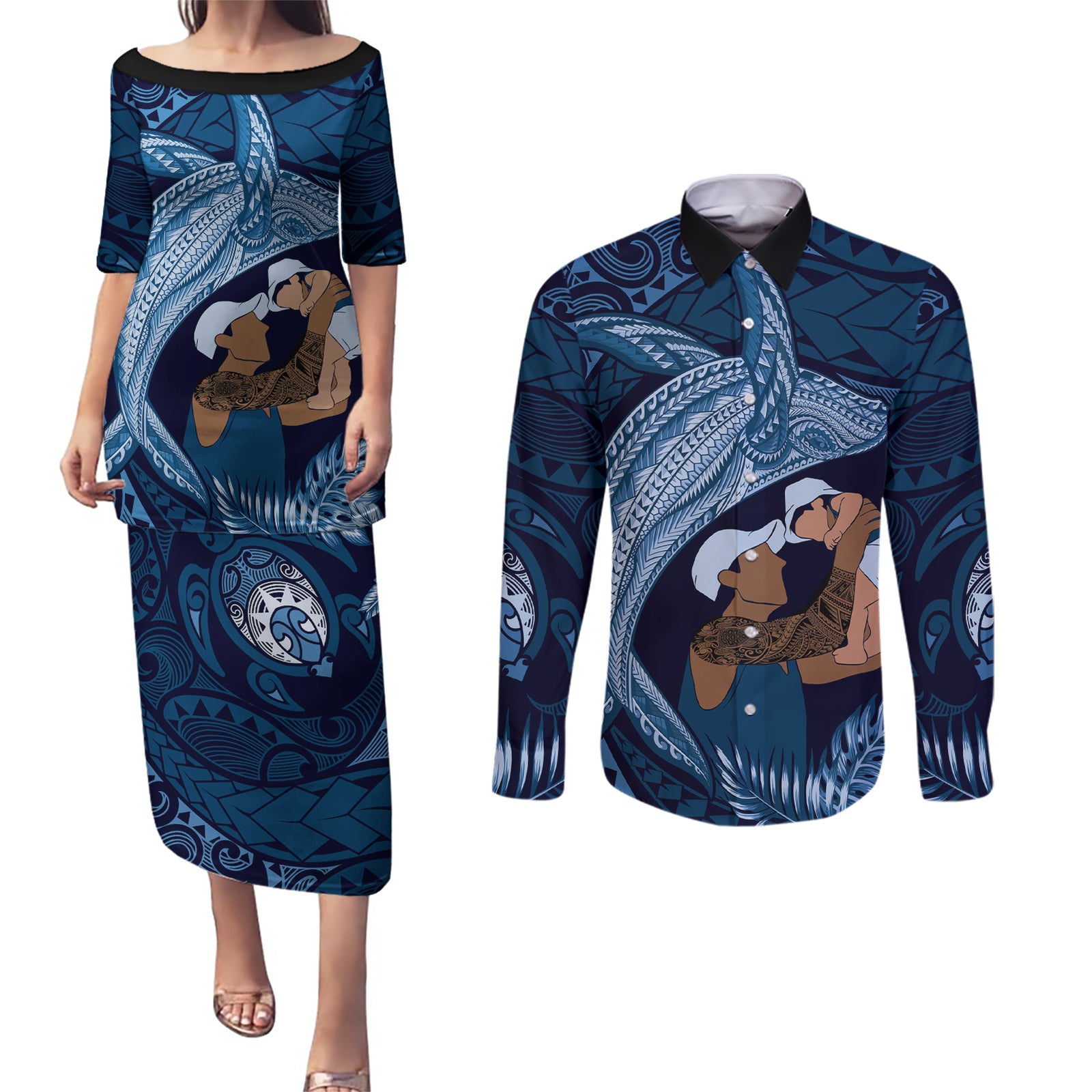 Father's Day Polynesian Pattern Couples Matching Puletasi and Long Sleeve Button Shirt Tropical Humpback Whale - Navy