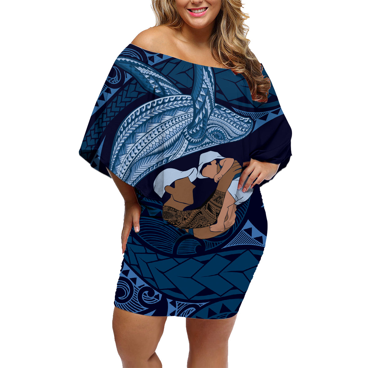 Father's Day Polynesian Pattern Family Matching Off Shoulder Short Dress and Hawaiian Shirt Tropical Humpback Whale - Navy
