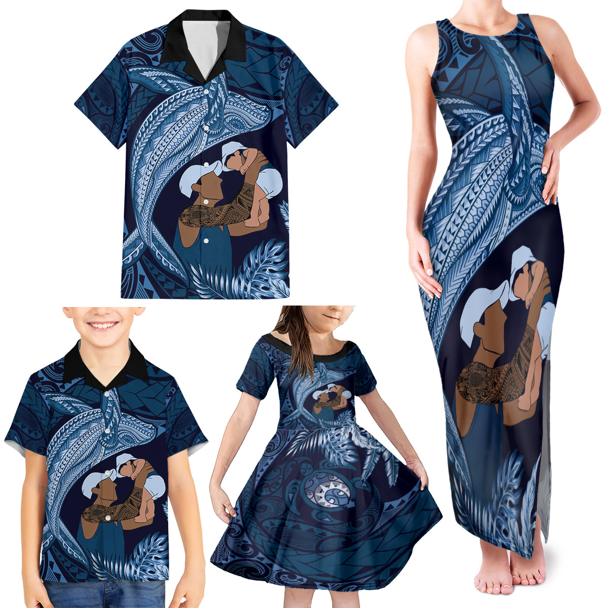 Father's Day Polynesian Pattern Family Matching Tank Maxi Dress and Hawaiian Shirt Tropical Humpback Whale - Navy LT7 - Polynesian Pride