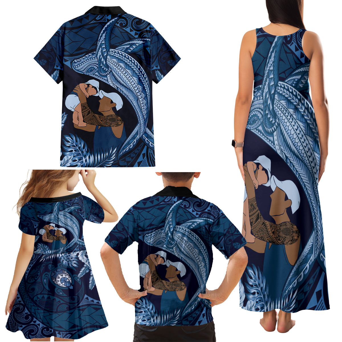 Father's Day Polynesian Pattern Family Matching Tank Maxi Dress and Hawaiian Shirt Tropical Humpback Whale - Navy LT7 - Polynesian Pride