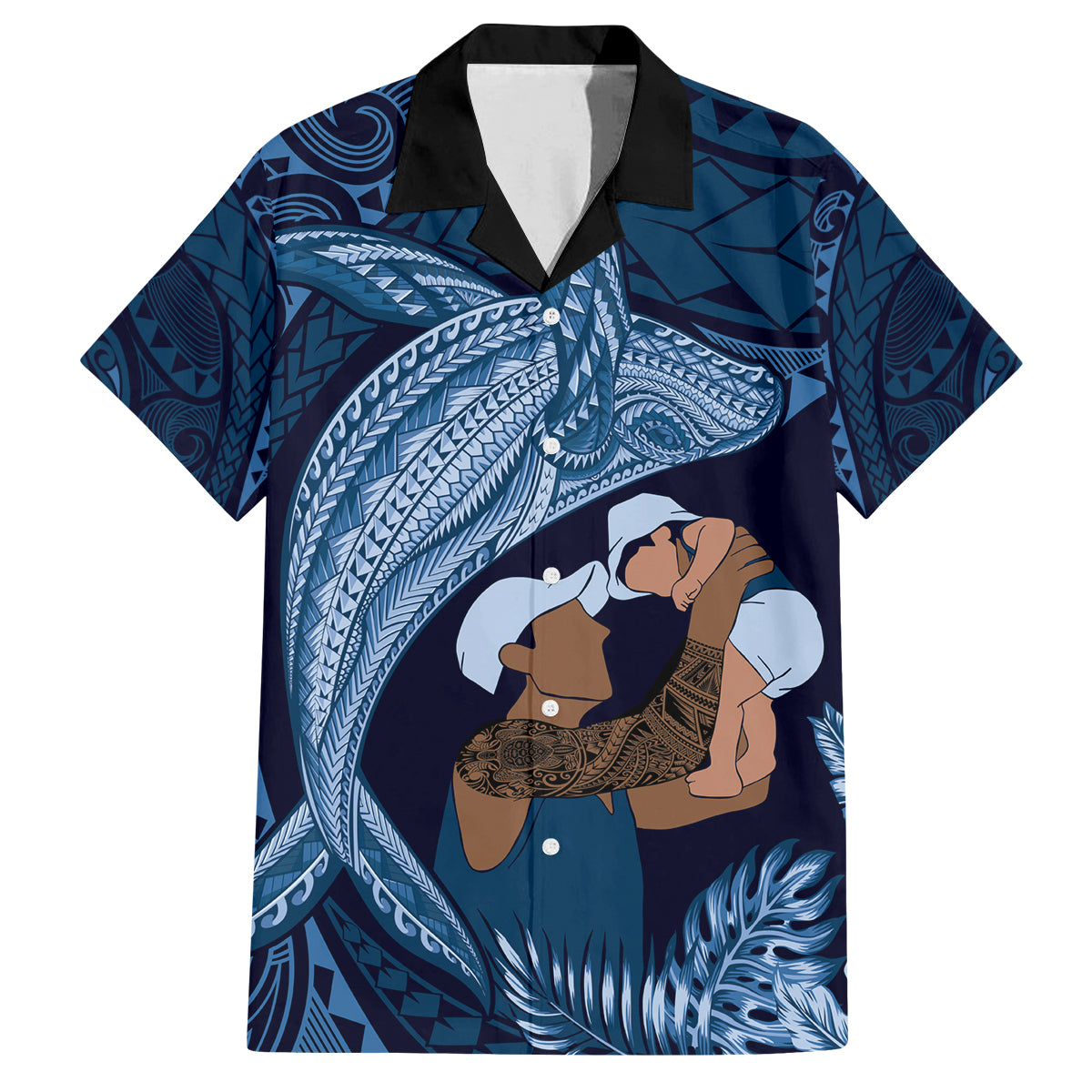 Father's Day Polynesian Pattern Family Matching Tank Maxi Dress and Hawaiian Shirt Tropical Humpback Whale - Navy LT7 Dad's Shirt - Short Sleeve Navy Blue - Polynesian Pride