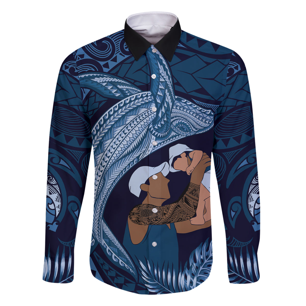 Father's Day Polynesian Pattern Family Matching Tank Maxi Dress and Hawaiian Shirt Tropical Humpback Whale - Navy LT7 Dad's Shirt - Long Sleeve Navy Blue - Polynesian Pride