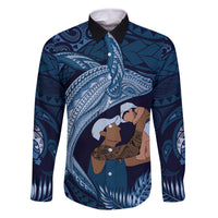Father's Day Polynesian Pattern Family Matching Tank Maxi Dress and Hawaiian Shirt Tropical Humpback Whale - Navy LT7 Dad's Shirt - Long Sleeve Navy Blue - Polynesian Pride