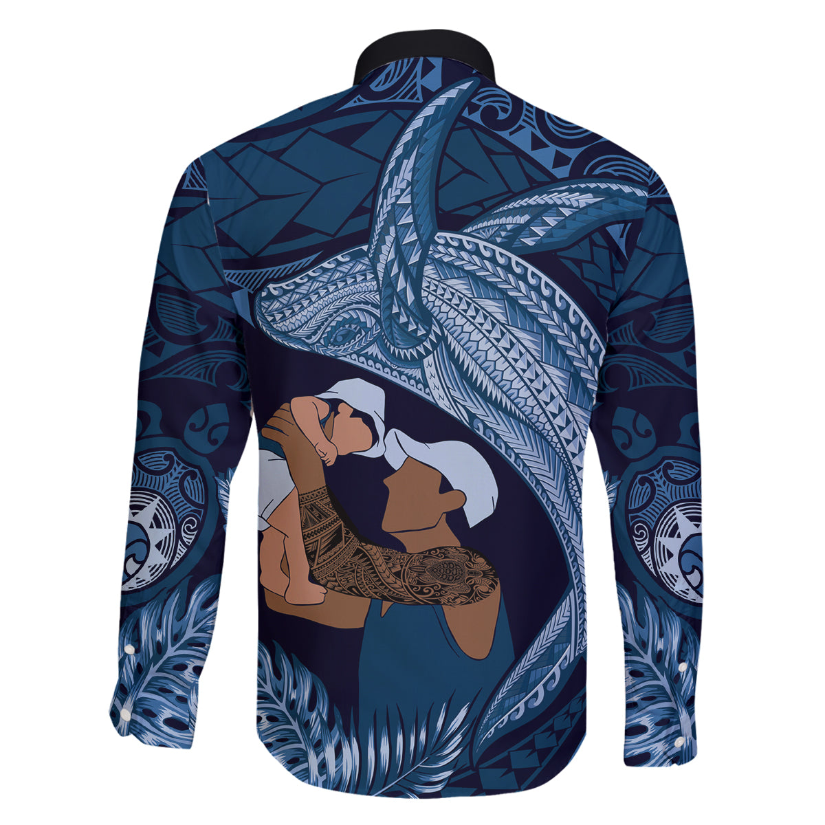 Father's Day Polynesian Pattern Family Matching Tank Maxi Dress and Hawaiian Shirt Tropical Humpback Whale - Navy LT7 - Polynesian Pride