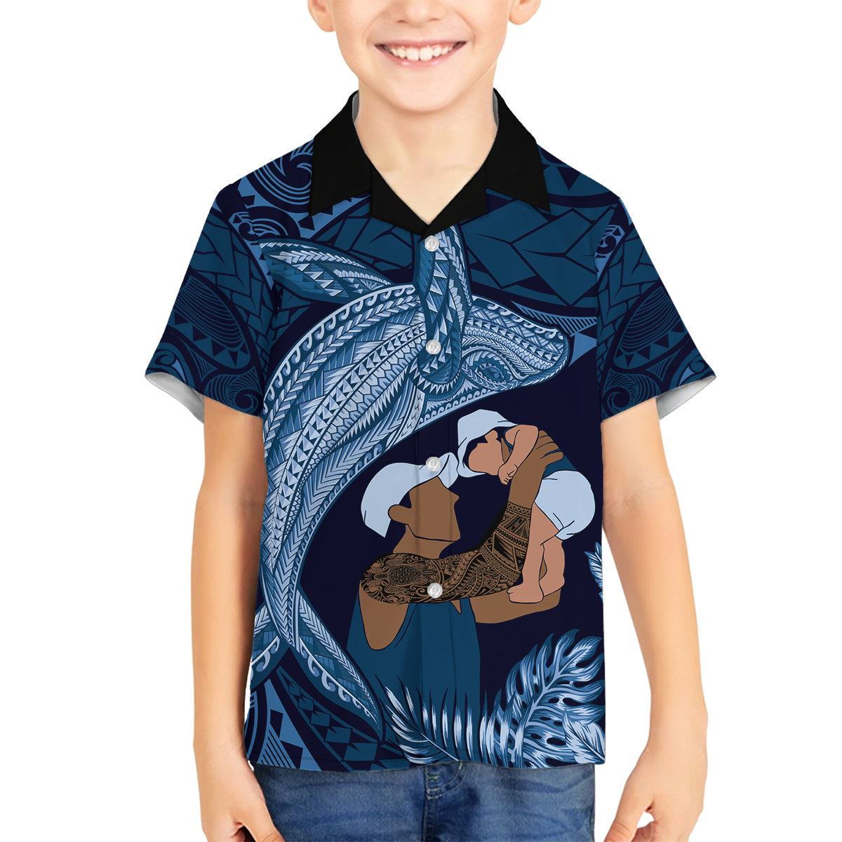 Father's Day Polynesian Pattern Family Matching Tank Maxi Dress and Hawaiian Shirt Tropical Humpback Whale - Navy LT7 Son's Shirt Navy Blue - Polynesian Pride