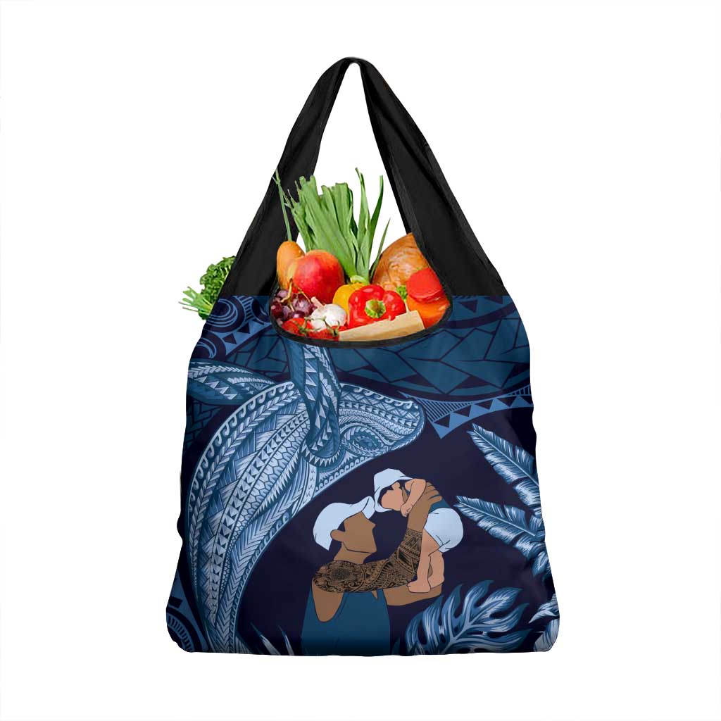 Father's Day Polynesian Pattern Grocery Bag Tropical Humpback Whale - Navy