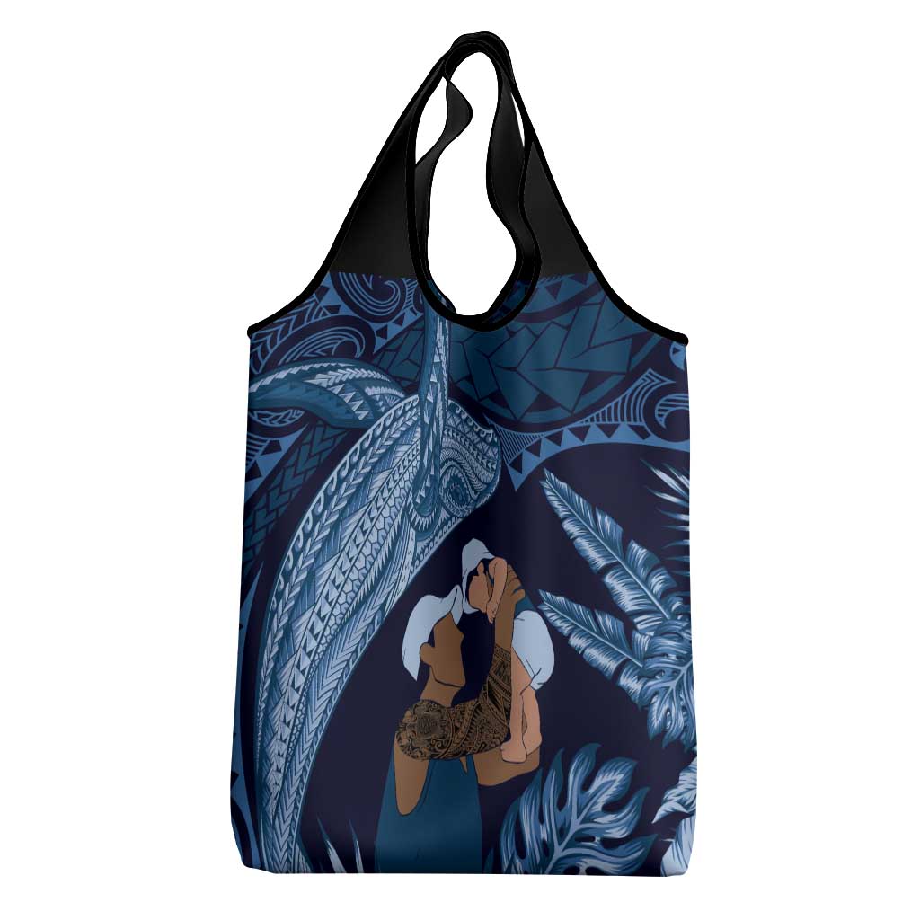 Father's Day Polynesian Pattern Grocery Bag Tropical Humpback Whale - Navy