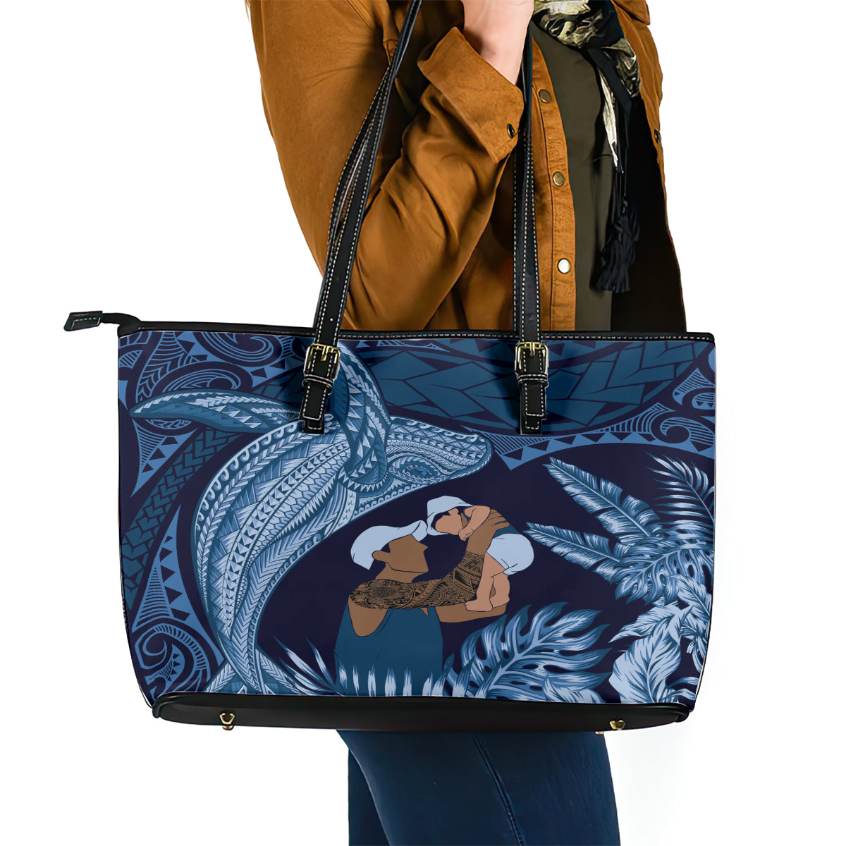 Father's Day Polynesian Pattern Leather Tote Bag Tropical Humpback Whale - Navy