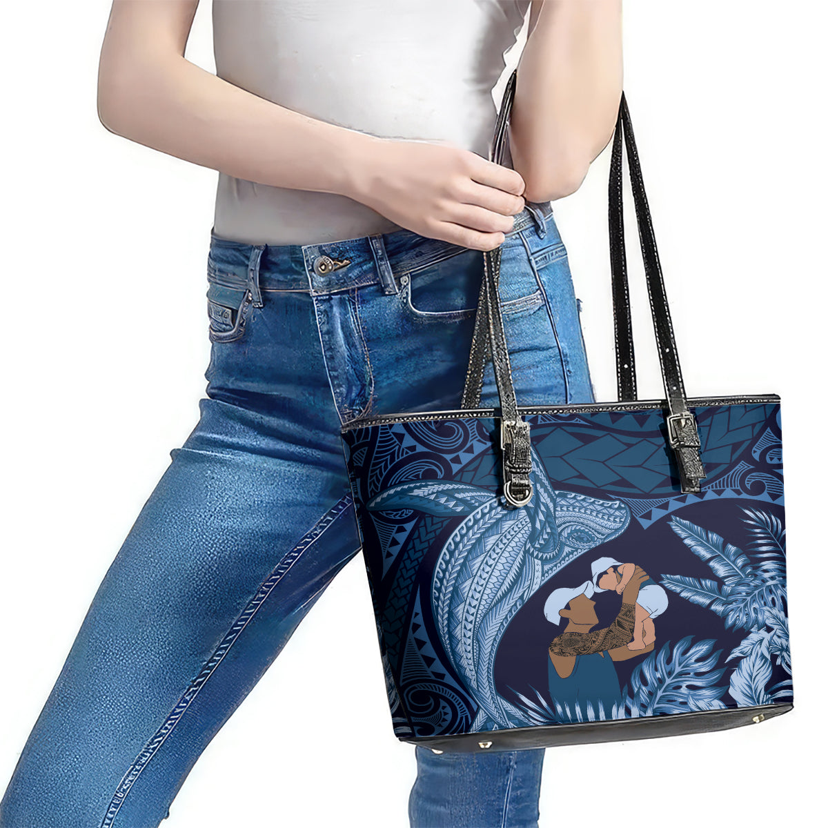 Father's Day Polynesian Pattern Leather Tote Bag Tropical Humpback Whale - Navy