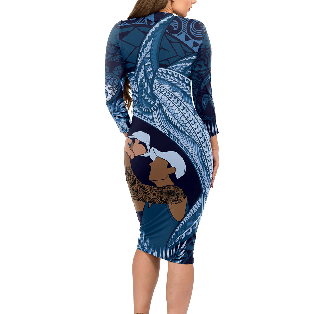 Father's Day Polynesian Pattern Long Sleeve Bodycon Dress Tropical Humpback Whale - Navy