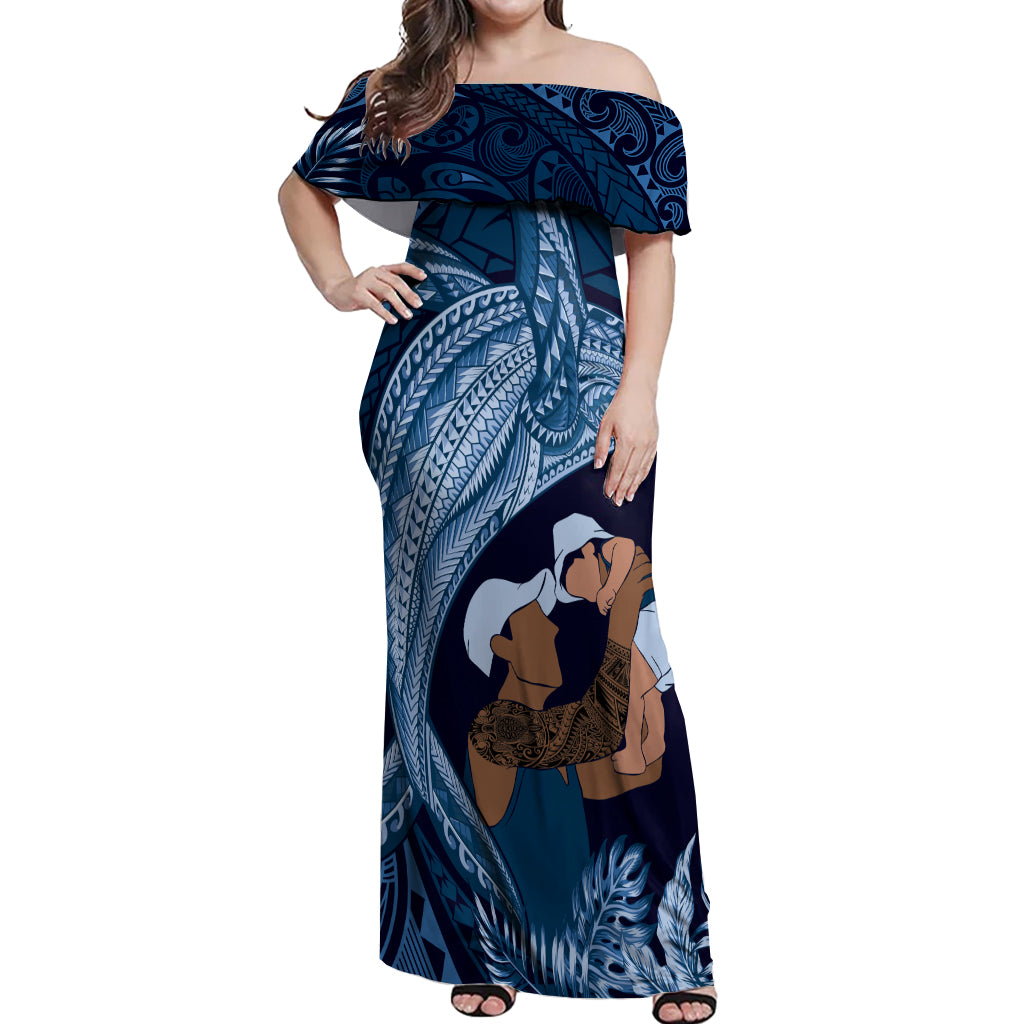 Father's Day Polynesian Pattern Off Shoulder Maxi Dress Tropical Humpback Whale - Navy