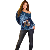 Father's Day Polynesian Pattern Off Shoulder Sweater Tropical Humpback Whale - Navy