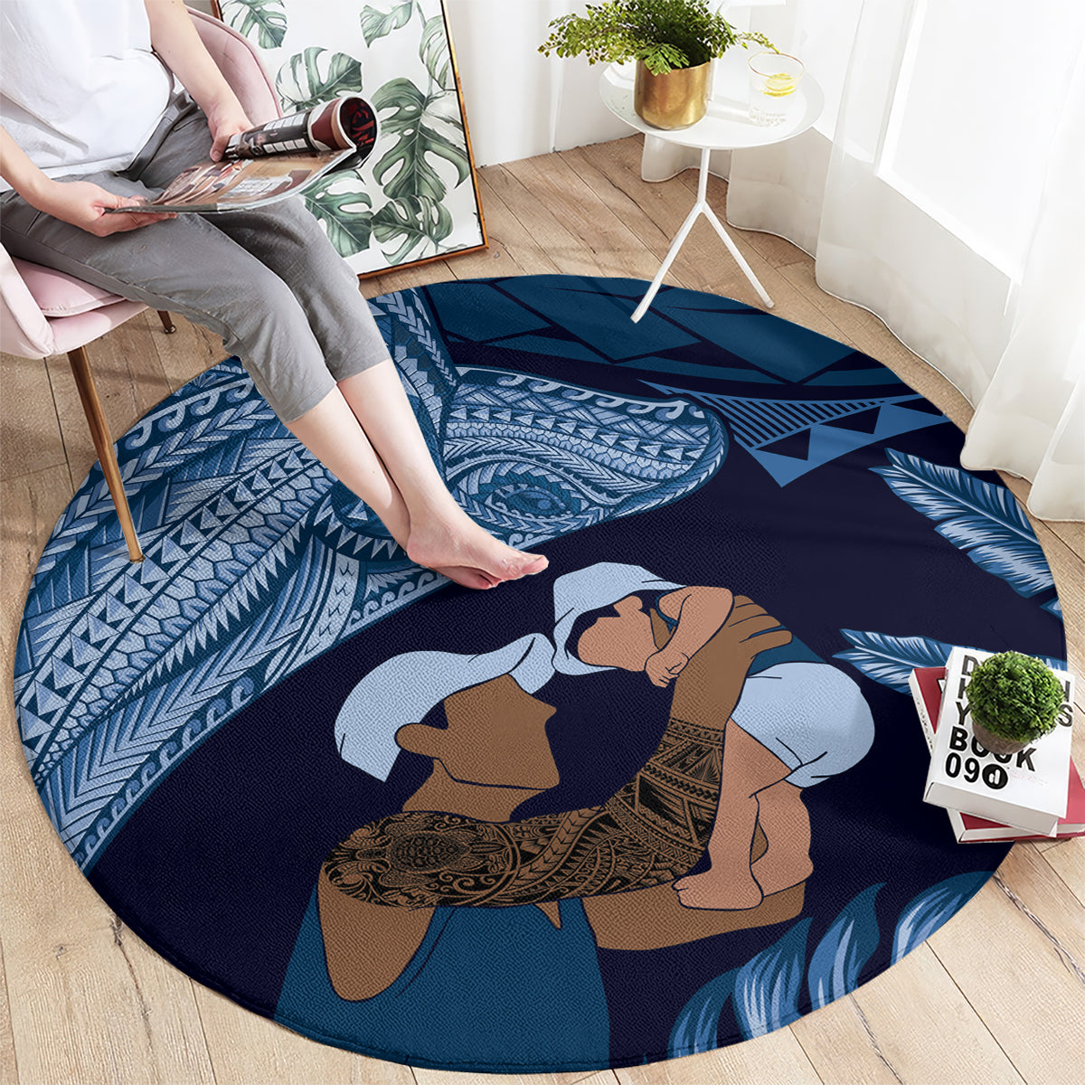 Father's Day Polynesian Pattern Round Carpet Tropical Humpback Whale - Navy LT7 - Polynesian Pride