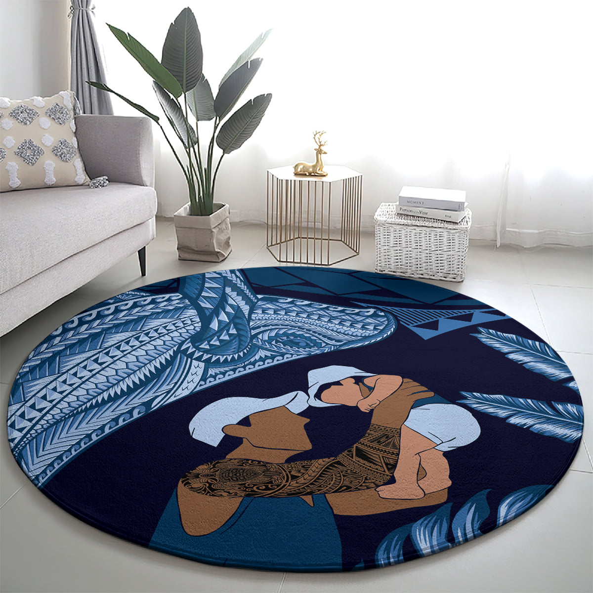 Father's Day Polynesian Pattern Round Carpet Tropical Humpback Whale - Navy LT7 - Polynesian Pride