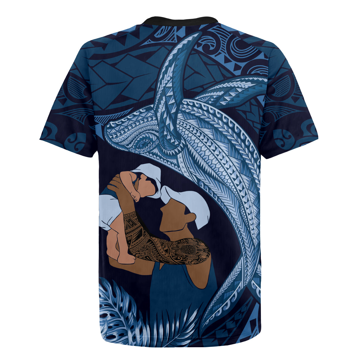Father's Day Polynesian Pattern Rugby Jersey Tropical Humpback Whale - Navy