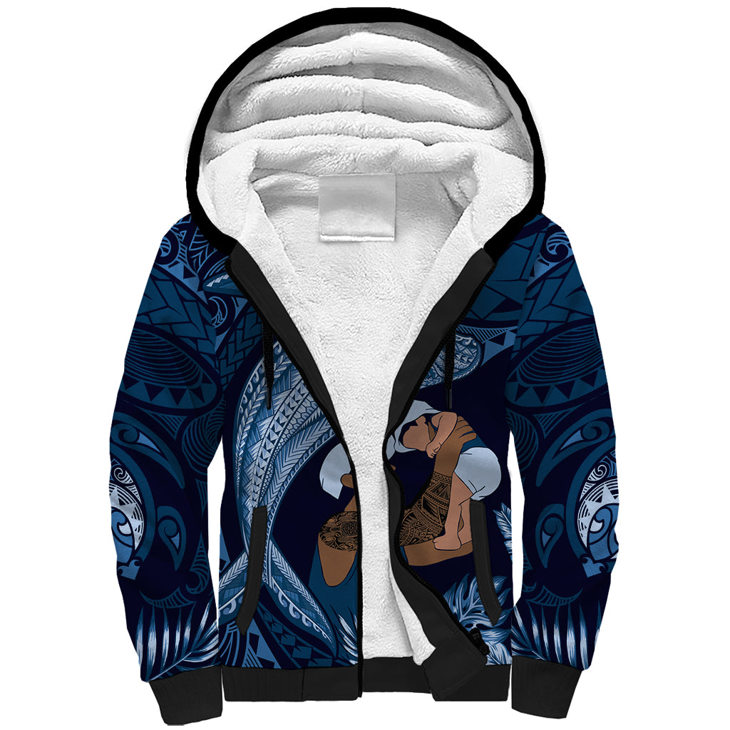 Father's Day Polynesian Pattern Sherpa Hoodie Tropical Humpback Whale - Navy