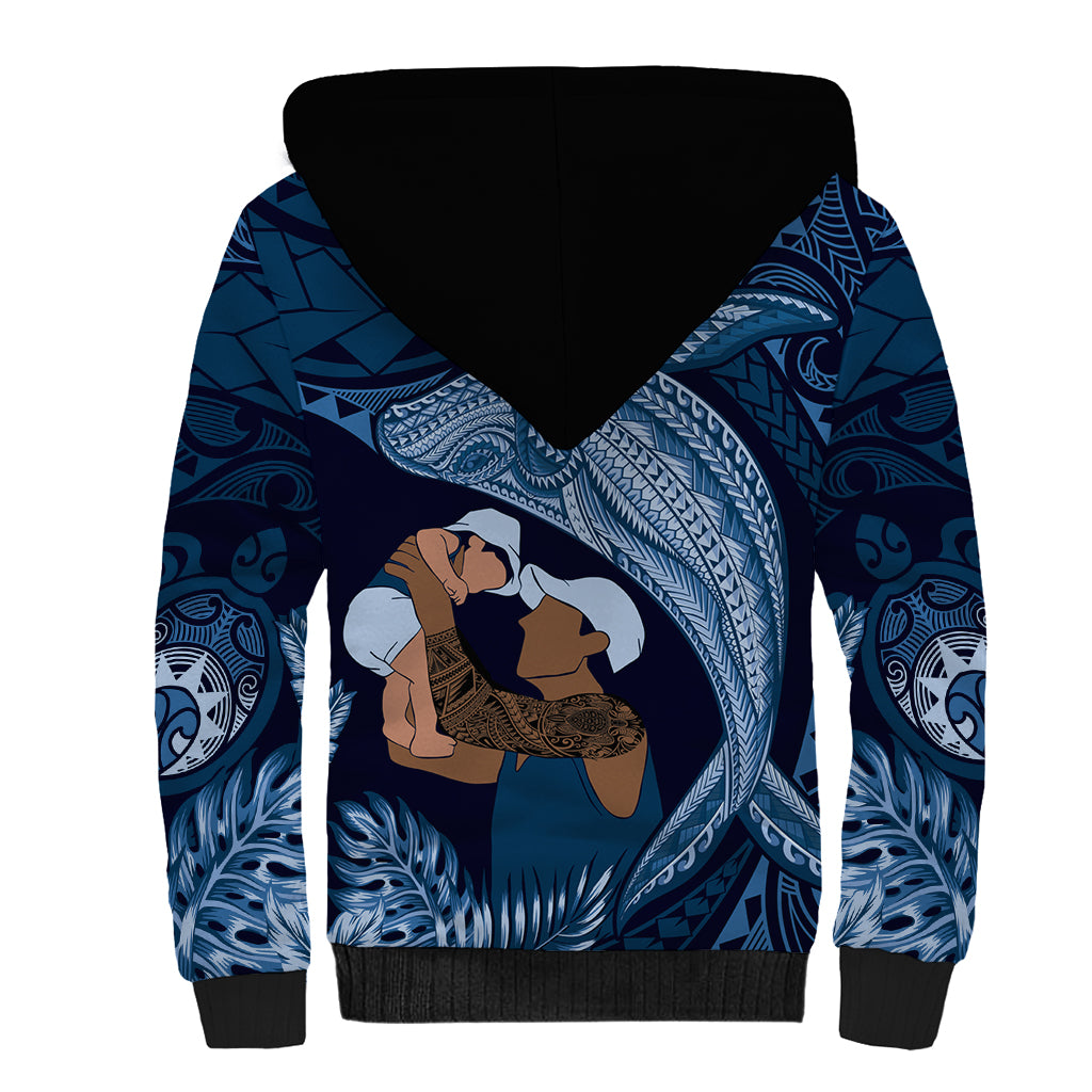 Father's Day Polynesian Pattern Sherpa Hoodie Tropical Humpback Whale - Navy