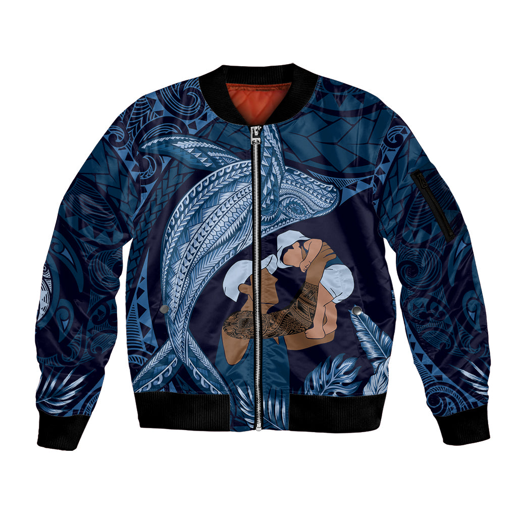 Father's Day Polynesian Pattern Sleeve Zip Bomber Jacket Tropical Humpback Whale - Navy